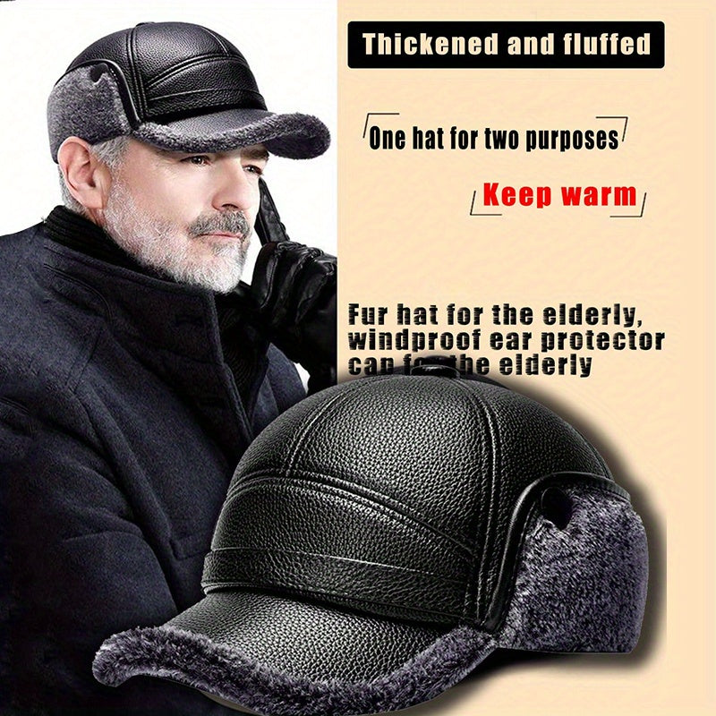 Men's Winter Warm Hat Thickened Ear Flap Cap with Faux Leather