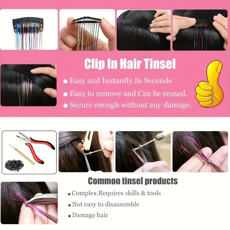 12-Pack Unisex-Adult Metallic Tinsel Hair Tinsel Extensions, No Trace Clip-In Colorful Strands, Heat Resistant Shiny Glitter Sequins for Party Cosplay Festive Role Play