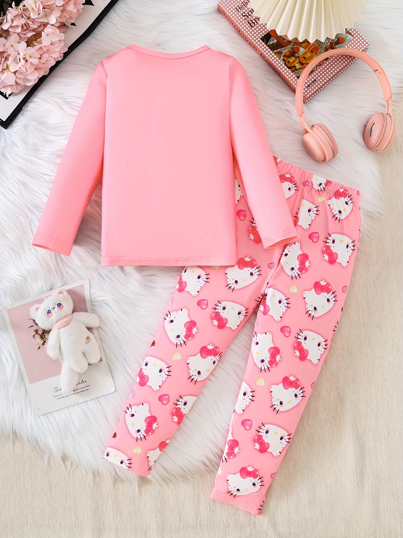 Sanrio for hello kitty Girls' Pajama Set - Cute Cartoon Print Long Sleeve Top & Full Print Slim Fit Pants, Soft Stretchy Fabric, Round Neck, Spring/Fall Gift for Kids, for Hello Kitty Pajamas, Kids Sleepwear, Playful Kids Att