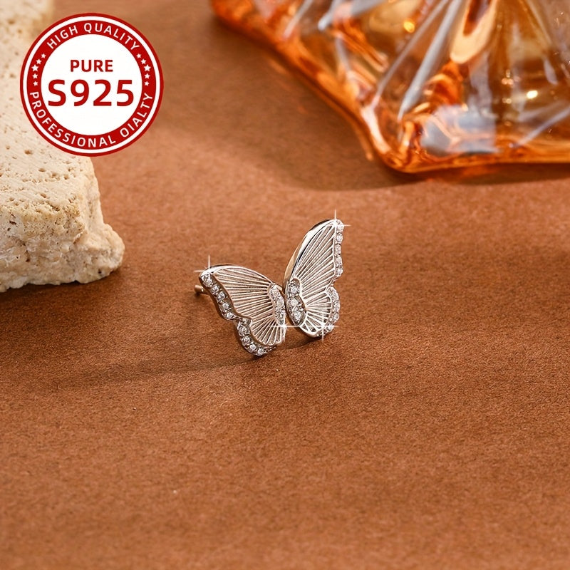 1 Pair Elegant Butterfly Wing Stud Earrings, 925 Sterling Silver, Synthetic Zirconia, Coquette Style, Animal Theme, Lightweight 2.17G, Perfect for Daily Wear, Parties, And Gifting