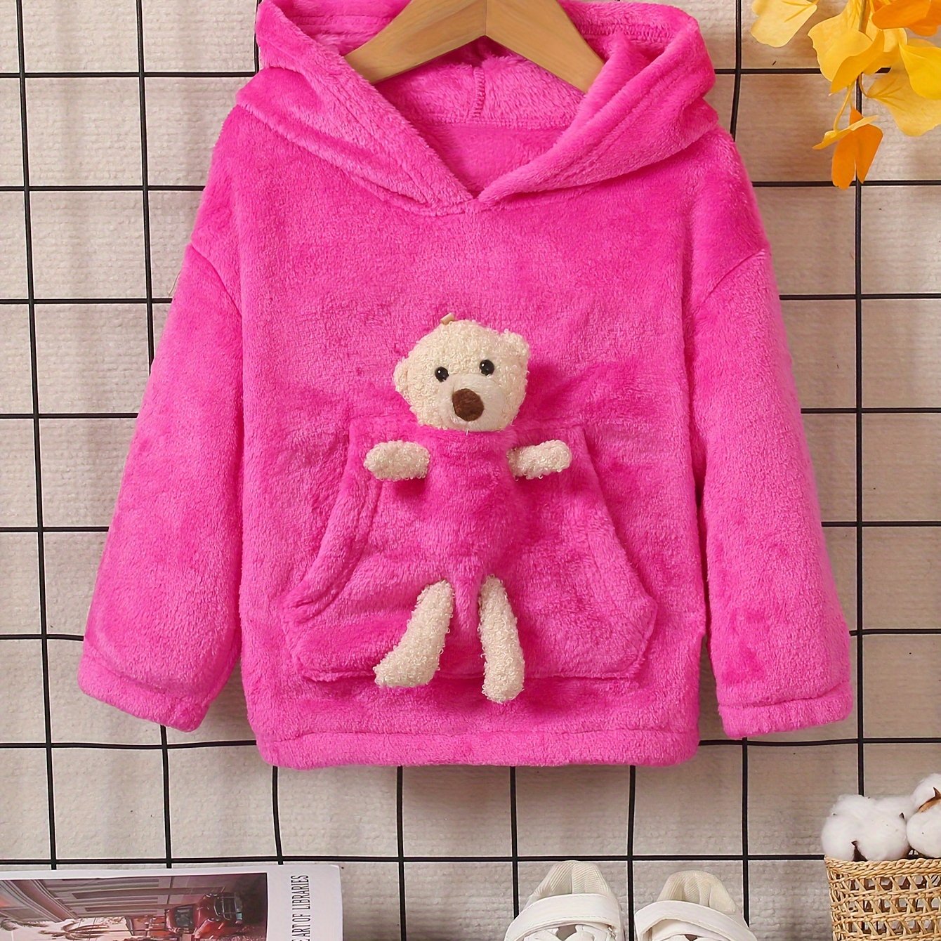 Girls' Fashion Solid Color Hooded Pocket Bear Double
