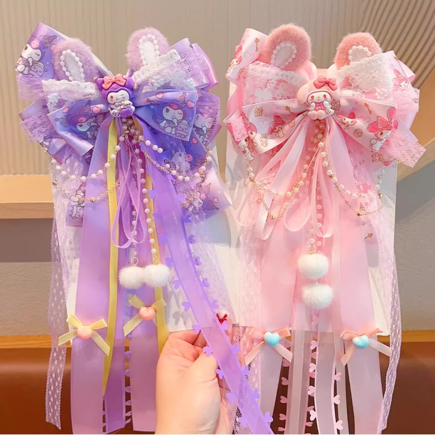 Sanrio Pink Bow Hair Clip with Long Ribbons, My Melody Princess Hair Accessory