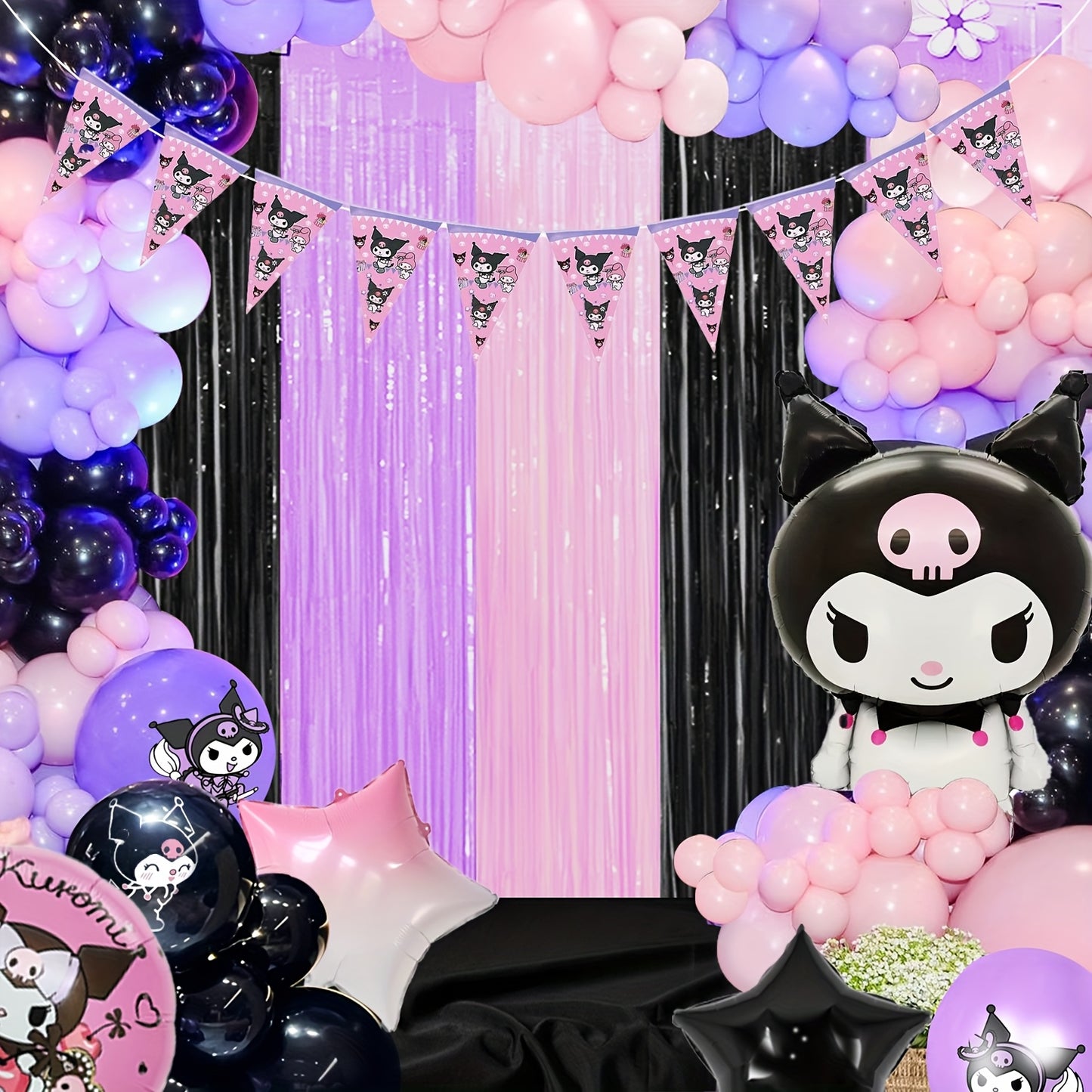 Kuromi Birthday Party Decorations, 1/2/4pcs Kuromi Party Photo Booth Props, Hot Pink Teal Pink Fringed Background with Tinsel Photo Streamers for Kuromi Birthday Party Supplies