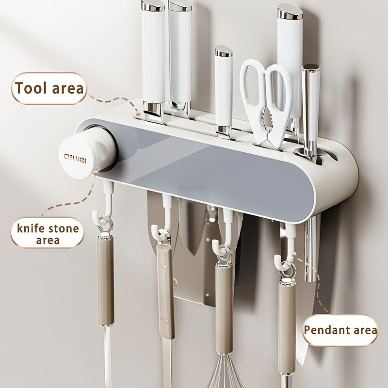 Multifunctional Wall Hanging Knife Holder, Can Hold Multiple Knives, with Integrated Sharpening Stone, Equipped with 4 Hooks, Suitable for Spatulas, Funnel, Kitchen Tools