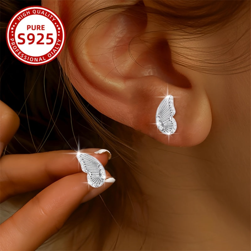 1 Pair Elegant Butterfly Wing Stud Earrings, 925 Sterling Silver, Synthetic Zirconia, Coquette Style, Animal Theme, Lightweight 2.17G, Perfect for Daily Wear, Parties, And Gifting