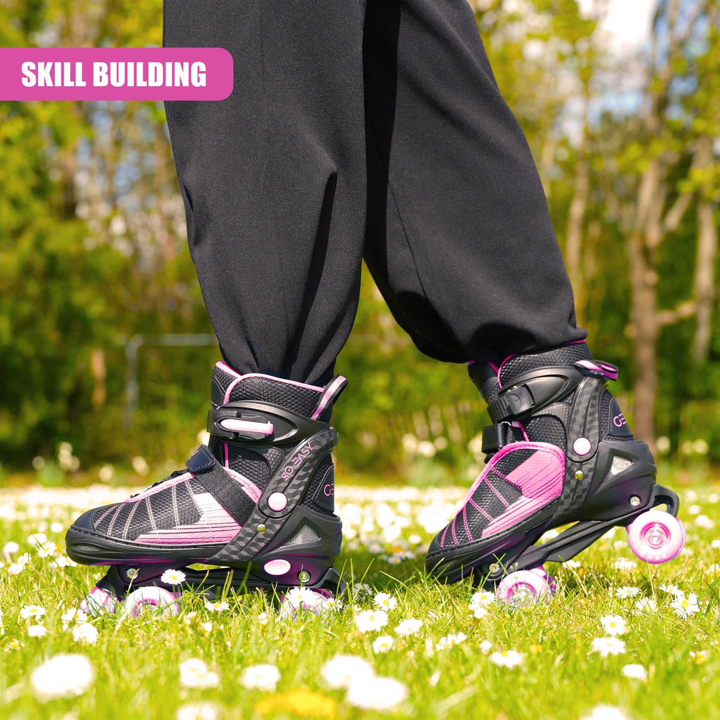 The Magic Toy Shop Kids 4 Wheel Quad Roller Skates Boots For Girls & Boys Adjustable Pink & Black (Adjustable Size: 5 - 7)