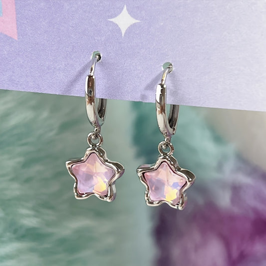 Pretty Pink Star Pendant Hoop Earrings Alloy Jewelry Synthetic Gems Inlaid Elegant Leisure Style for Women Dating Earrings, Gift for Eid, Ramadan