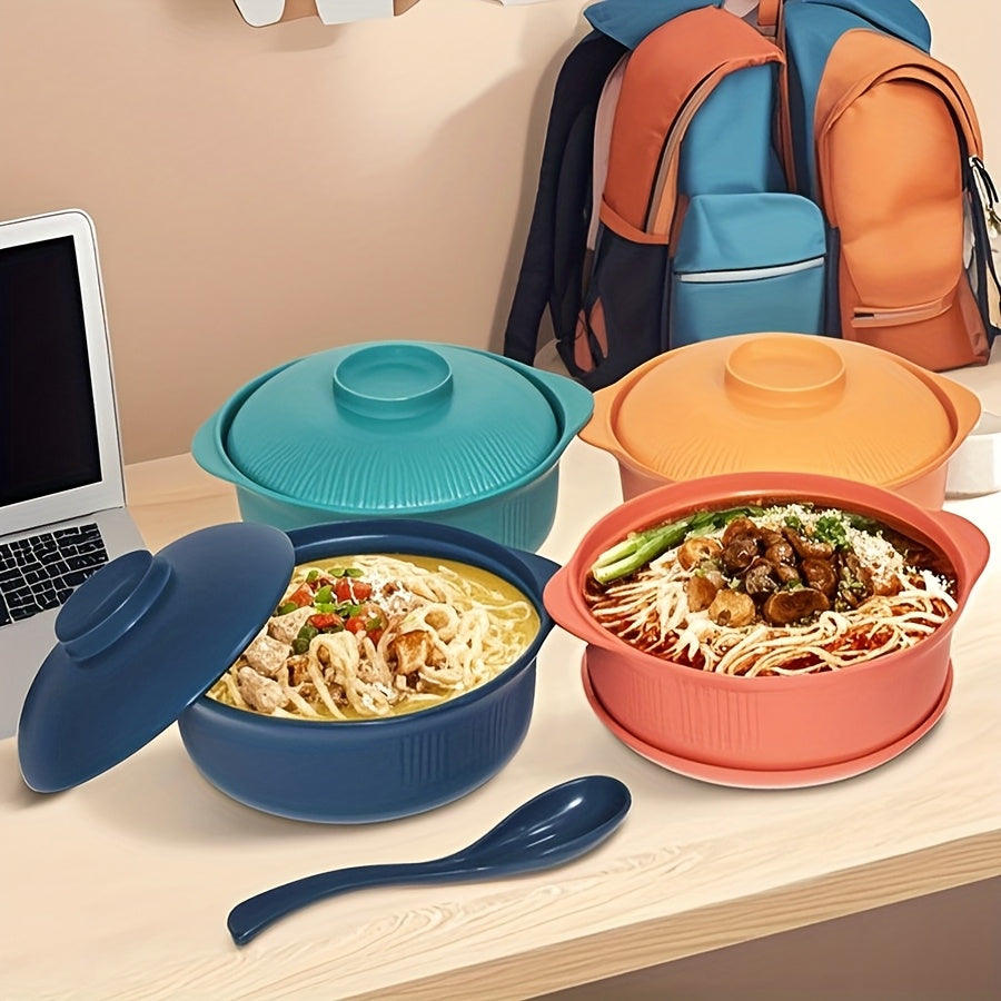 [Large Capacity] 4pcs Set of Large Capacity Casserole Bowls with Lids and Long Soup Spoons | 1100ml/38oz | Portable Large Soup Bowls, Japanese & Korean Ramen Bowls, Couple's Rice Bowls, Dinner Bowls, Romantic Bowls for Family