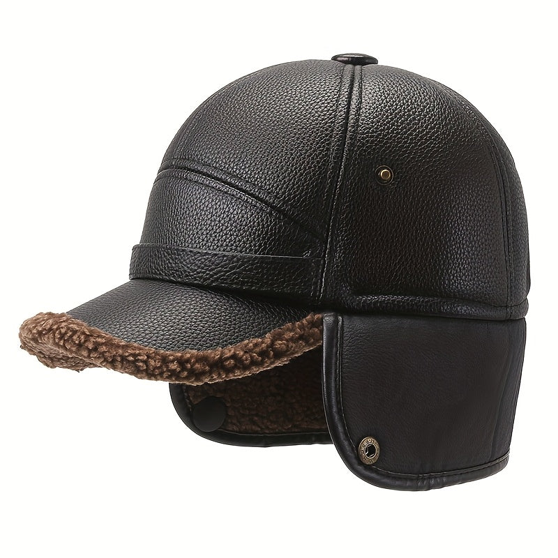 Men's Winter Warm Hat Thickened Ear Flap Cap with Faux Leather