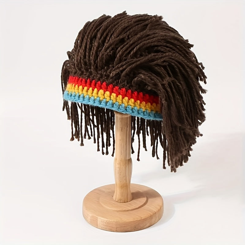 Men's Funky Knitted Beanie Hat with Attached Fake Hair -