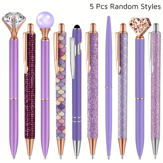 [5pcs Crystal Pens] 5pcs Metal Ballpoint Pens Set, Crystal Diamond Pen for Journaling | Glitter Stationery, Black Fancy Gifts for Teacher Office Wedding Back to School Christmas Graduation Supplies