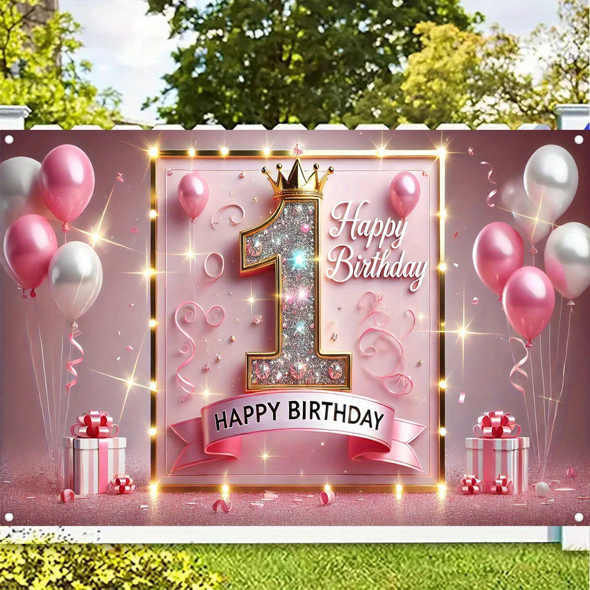 1pc Sparkling Pink Golden First Birthday Banner - Durable Polyester Happy Birthday Party Decor with Glittering Number 1, Crown & Balloons for Indoor/Outdoor Celebrations, Baptism, Cake Table, Holiday Decorations, Birthday Par