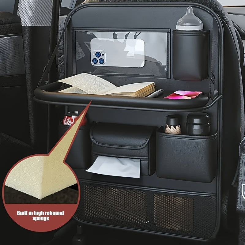 PU Leather Car Back Seat Storage Box with Foldable Dining Table And Cup Holder, Multifunctional Storage Bag, Vehicle Seat Protector, And Anti-Kick Mat.