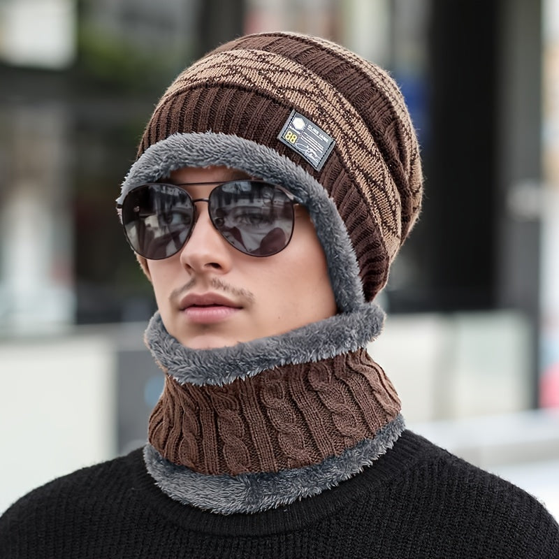 1 Piece Black Men's Winter Thick Warm Polyester Fiber Knitted Hat with Scarf