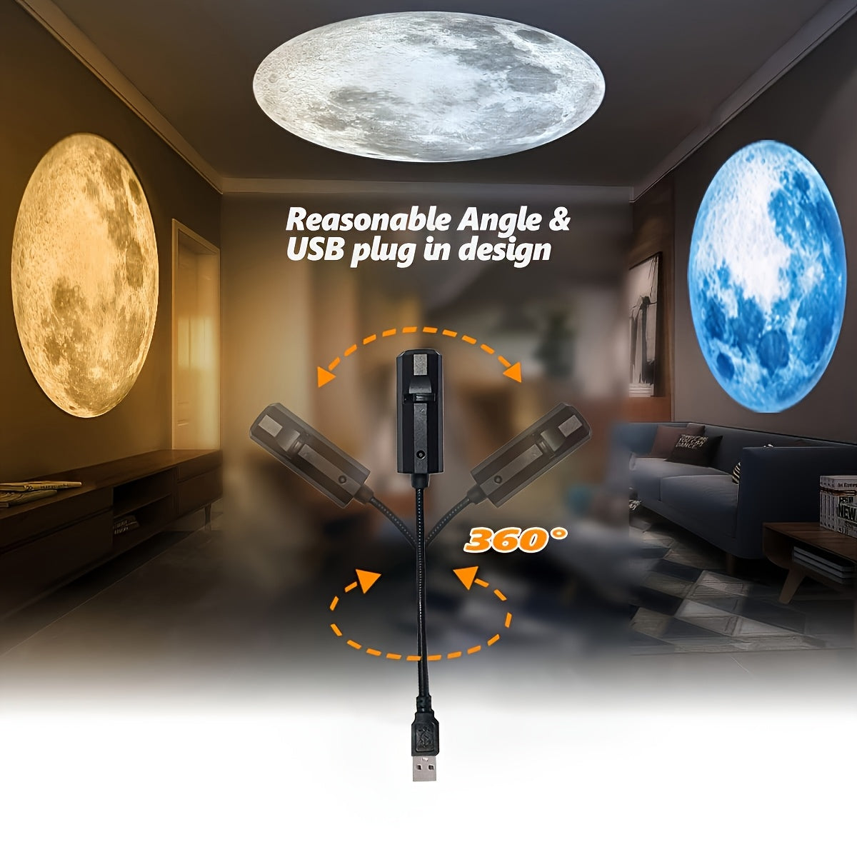 [Portable LED Light] 1pc Light + 3pcs Moon Light Plug | USB Interface, Portable LED Projection Light, 360° Rotatable USB Lamp, Bedroom Ceiling Photo Background, Proposal Wedding Decoration, Computer Accessories