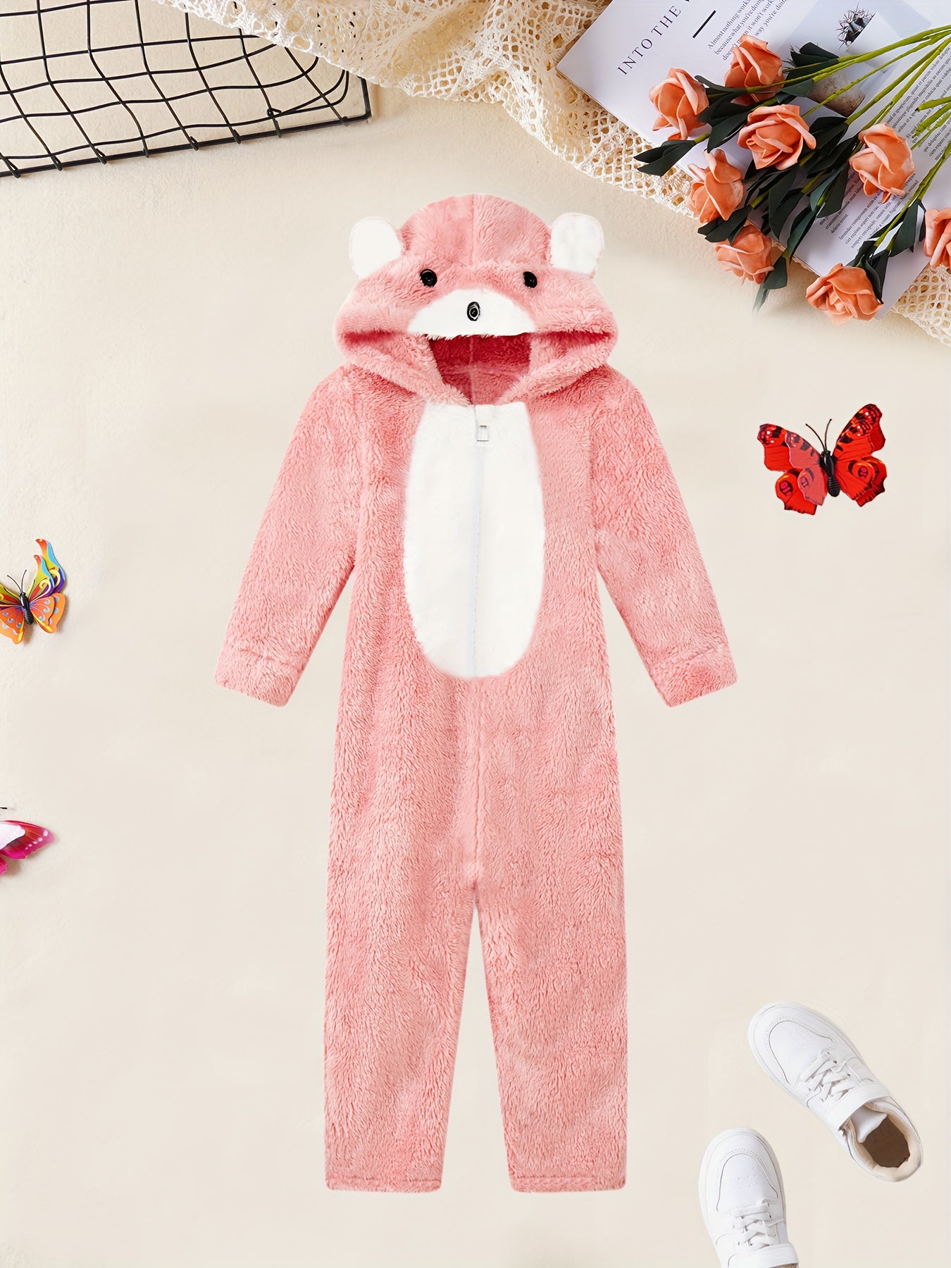 Pink Polar Bear Hooded Romper for Girls | Casual Knit Polyester, Long Sleeve, Loose Fit, Fall/Winter Sleepwear | Playful Design, Winter Sleepwear, Polar Bear Accessories