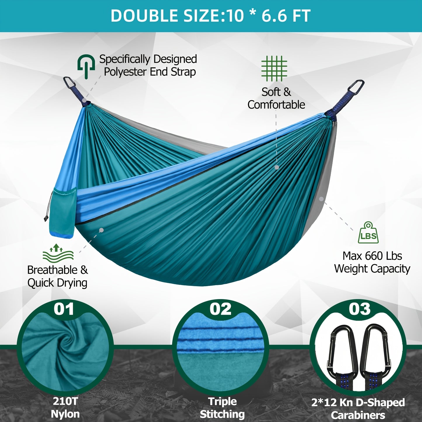 Extra-Large Double Camping Hammock, 3m x 2m (300*200cm), Includes Two 2m Tree Straps, Two D-Shaped Stainless Steel Hooks, and a Storage Bag, Each Tree Strap 8+1 Rings, Portable Hammock Made of 210T Parachute Material. Durable
