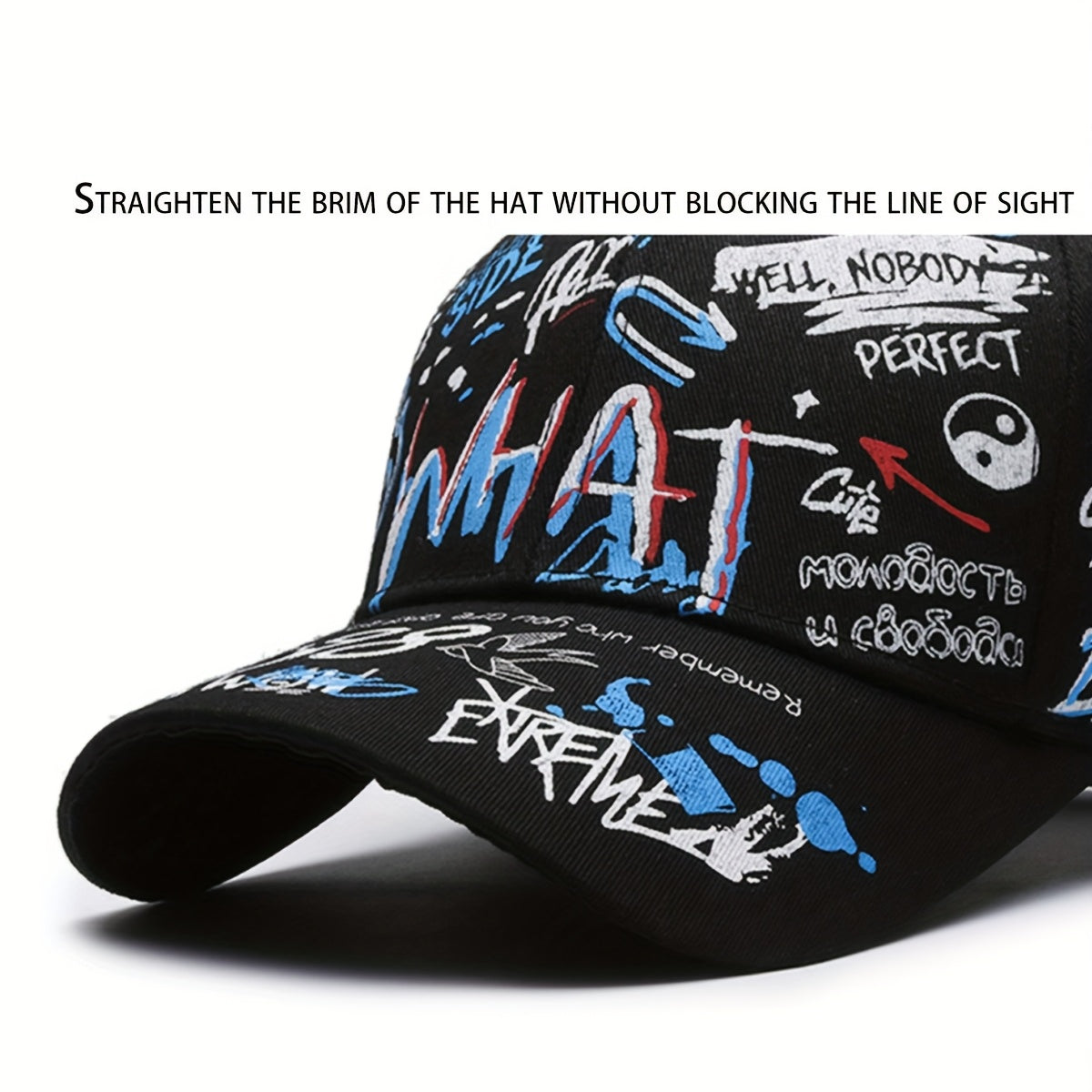 Black Baseball Cap with "WHAT" Design - Lightweight, Polyester, Adjustable Snapback, Ideal for Spring & Summer, Everyday Headgear | Adjustable Headgear | Lightweight Cap