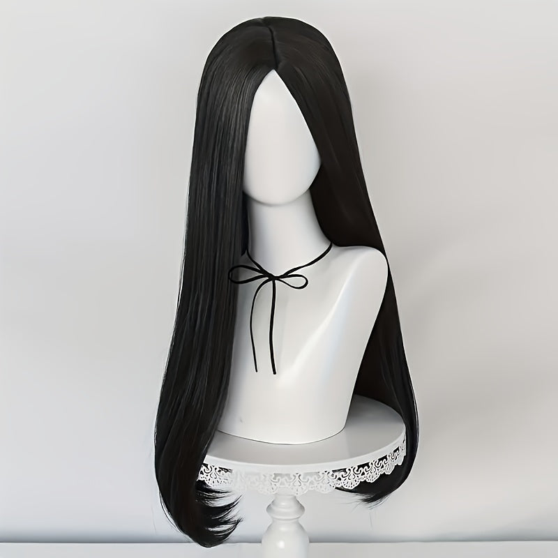 Anime Cosplay Wig 60cm, Unisex Black Long Straight Hair with Middle Part, Heat Resistant Synthetic Wig with Buckle Net Cap for Halloween, Christmas, Conventions and Parties