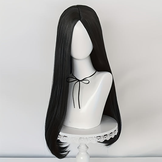 Anime Cosplay Wig 60cm, Unisex Black Long Straight Hair with Middle Part, Heat Resistant Synthetic Wig with Buckle Net Cap for Halloween, Christmas, Conventions and Parties