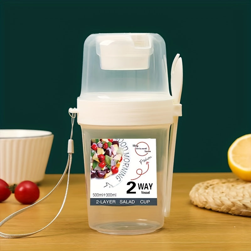 Salad Container to Go, Cereal Cup to Go, Lunch Accessories - Two-in-one Portable Salad Cup Container Set, with Dressing Rack and Fork, BPA-free Plastic, Hand Wash, Lightweight Rectangular Water Bottle Set, for Yogurt, Cereal,