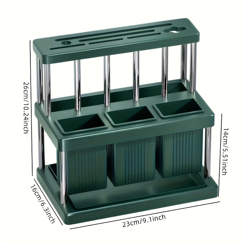 1pc Multi-Functional Kitchen Utensil Organizer - Space-Saving Plastic Storage Rack for Knives, Forks, Spoons, and Chopsticks with Green and White Compartments, Ideal for Countertop Organization, Cooking Utensils