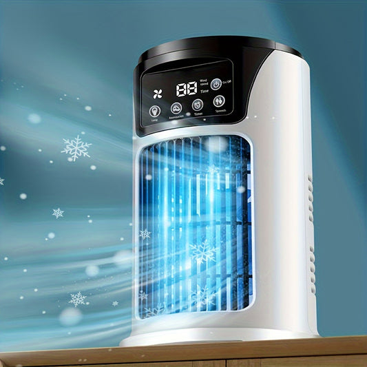 3-in-1 Portable Air Conditioner, Humidifier & Fan | Compact Design, USB-Powered, Sleek White & Blue, Durable Plastic - Indoor/Outdoor Use for Office & Home, Atmosphere Light, Stylish Gadget