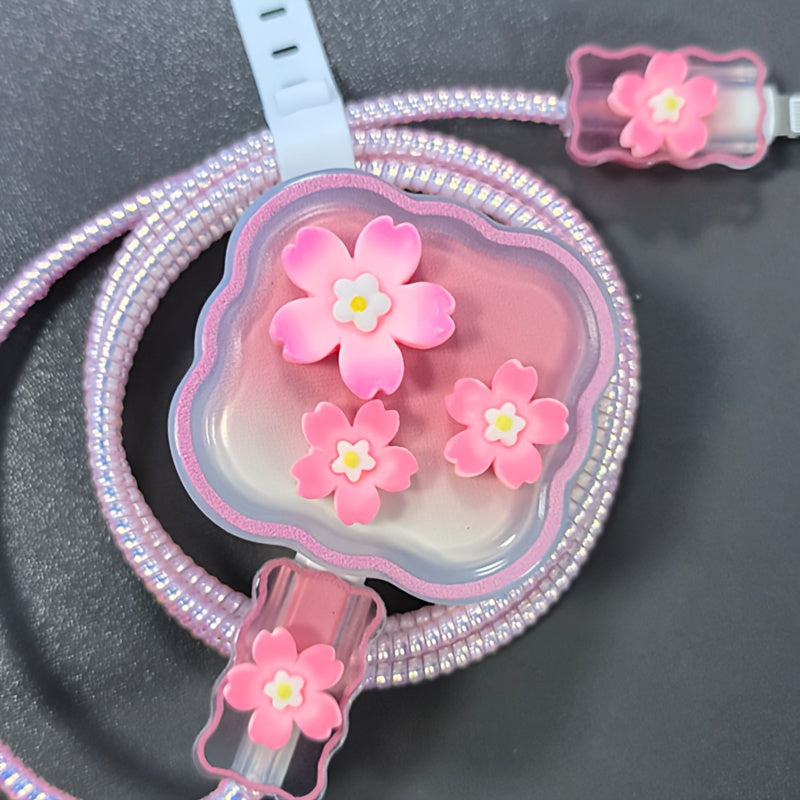 5pcs TPU Flower Cable Protector Set, Anti-Break Cable Saver Case, Compatible with iPhone 25W Charger, No Electronic Components, with No Battery for iPhone Data Line Protection