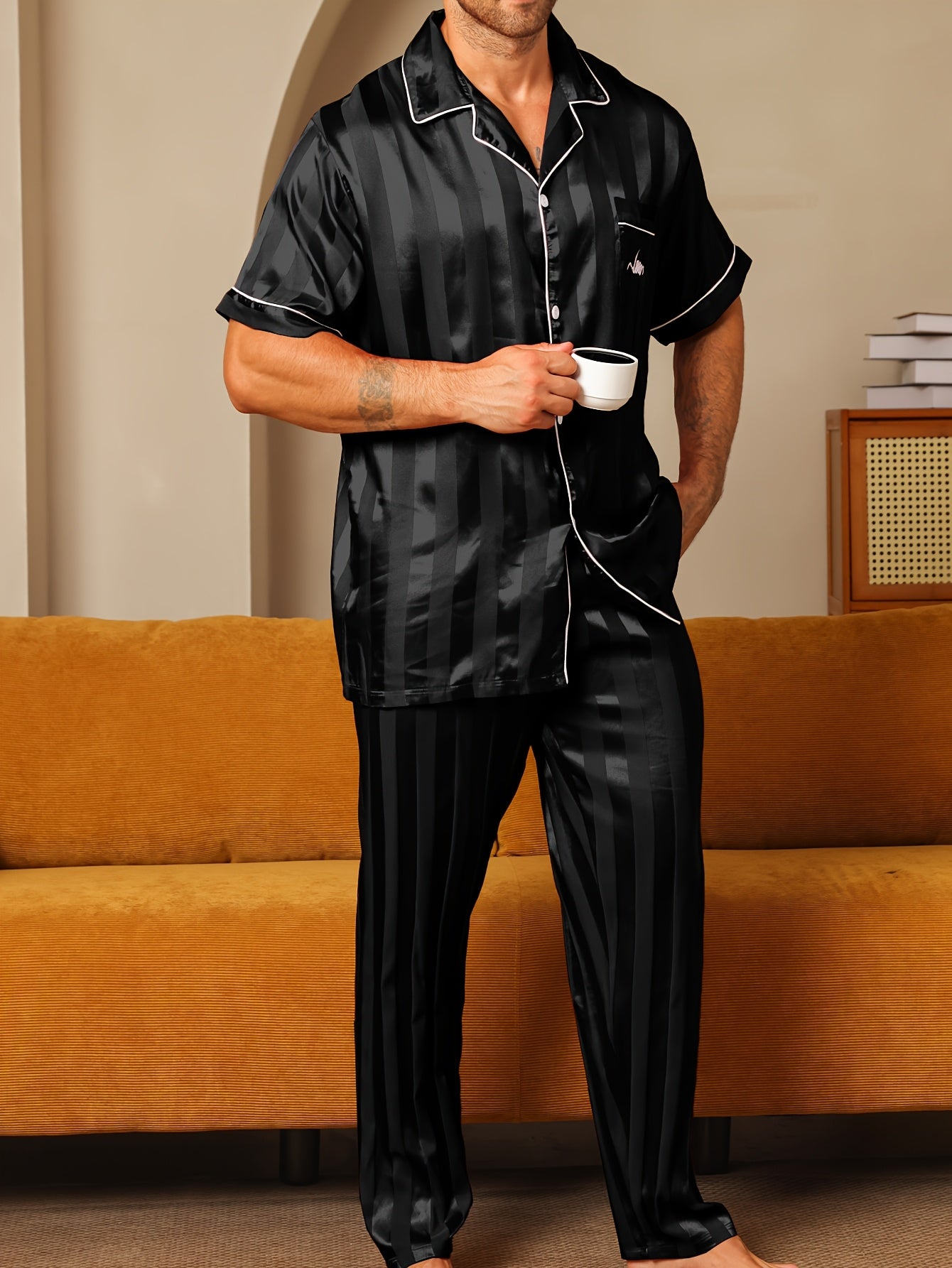 2pcs Men'S Pajama Set Short Sleeve Long Pants Thin Stripes with Embroidered Letters Summer Collar Cardigan Home wear Set