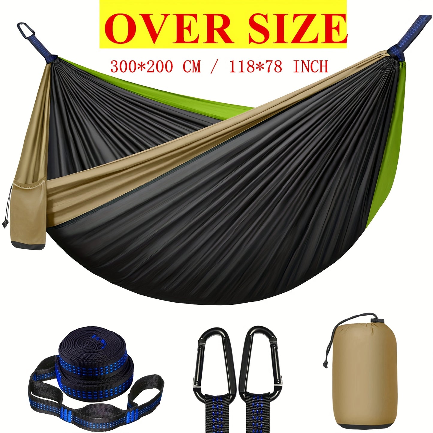 Extra-Large Double Camping Hammock, 3m x 2m (300*200cm), Includes Two 2m Tree Straps, Two D-Shaped Stainless Steel Hooks, and a Storage Bag, Each Tree Strap 8+1 Rings, Portable Hammock Made of 210T Parachute Material. Durable
