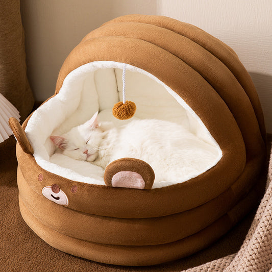 Cozy Gray & White Cat Cave Bed - Semi-Enclosed, Removable & Washable Polyester Pet Nest with Plush Interior and Hanging Ball Toy for Ultimate Comfort
