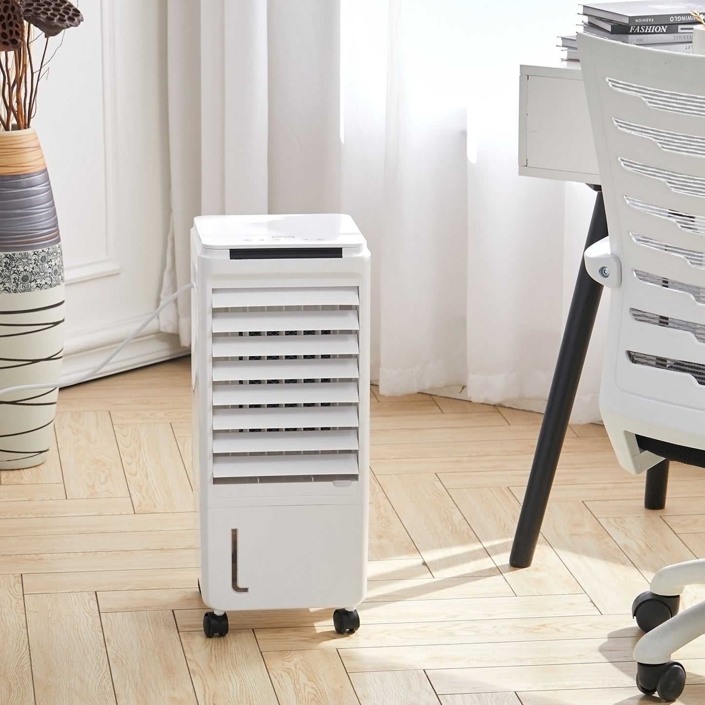 Evaporative Air Cooler, Room Cooler with 2 Ice Trays, 4 In 1 Air Cooler Cool Fan Humidifier Air Purifier, Evaporative Cooler for Home Office, Cooler Fan with Wheel, 7L Water Tank