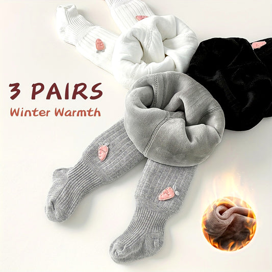 3-Pack Girls' Fleece-Lined Winter Thermal Tights - Thick Warm Solid Color with Cute Heart & Pearl Accents, Hand Wash Only for Outdoor Activities, Winter Clothes for Girls, Playful Design Accents, Comfortable Fit