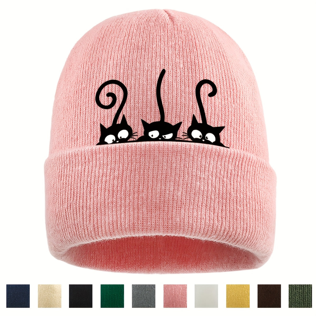 1pc Beanie Hat with Cute Black Cat Print