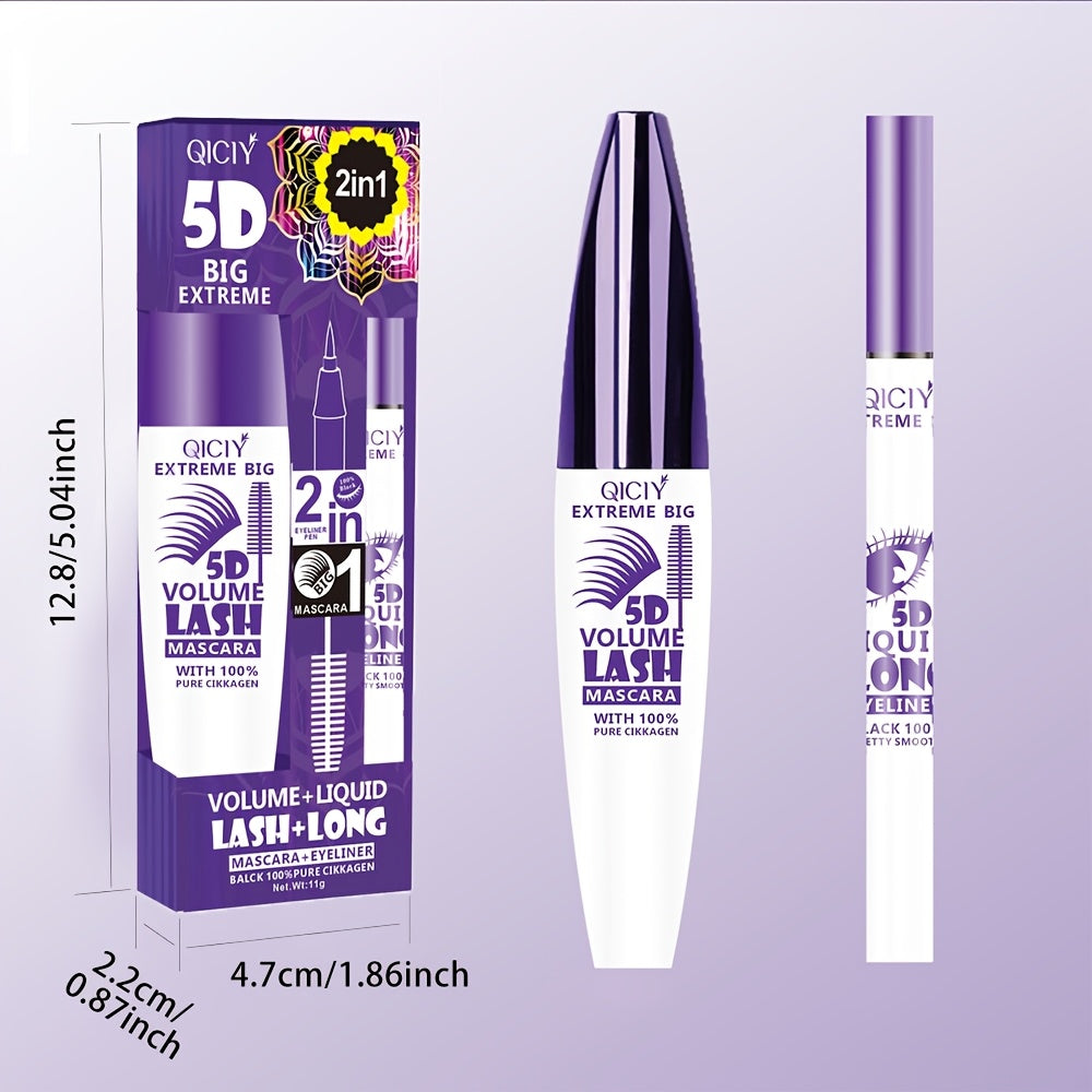 QICI 5D EXTREME 2in1 Mascara + Eyeliner Set - Waterproof, Long-Lasting, Smudge-Proof, Volume & Length Enhancing, Black Liquid Eyeliner with 10ml Brush, 24-Hour Wear, 1pc/2pcs, Beauty Essentials|Bold Eye Makeup|Smudgeproof Lin
