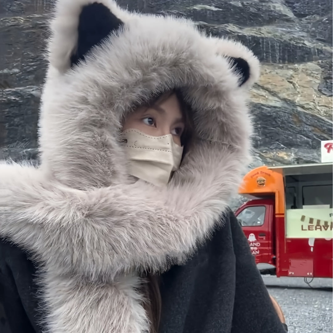 A Soft Polyester Faux Fur Cat Ear Hat with an Integrated Scarf
