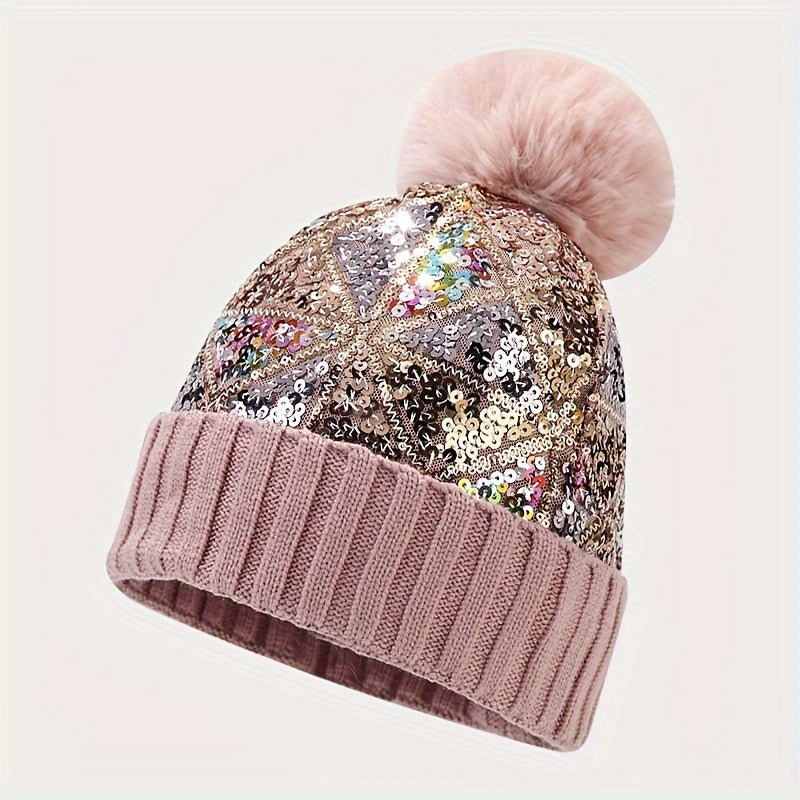 Sparkling Sequin Beanie Hat with Pom-Pom