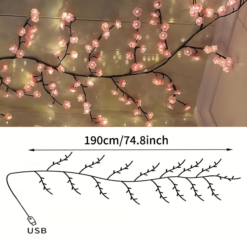1pc Kinpho Cherry Blossom LED Branch Lights, 72/96/144 LEDs, Flexible and Bendable Sakura Vine String Lights, 8 Flashing Modes, USB Powered, DIY for Indoor Atmosphere Decoration, Ideal for Bedroom, Living Room, Wall, Party, H