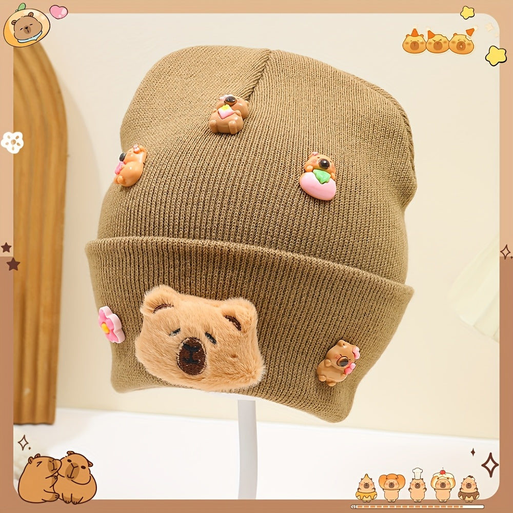 ' Cute Capybara & Floral Winter Hat - Soft & Brown Beanie with Capybara Face & Floral Accents, Cozy Unisex Beanie for Fall/Winter, Perfect for Travel & Gifts, Winter Hat, Gift For, Playful Design, Soft Fabric