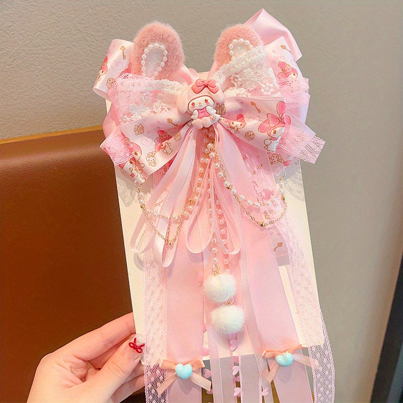 Sanrio Pink Bow Hair Clip with Long Ribbons, My Melody Princess Hair Accessory