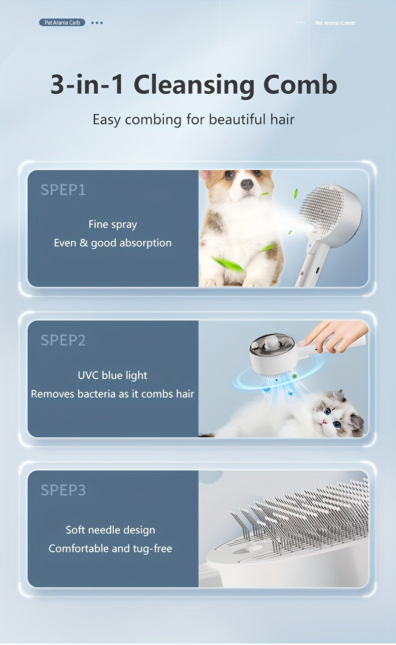 1pc 3-in-1 Electric Pet Grooming Brush for Cats & Dogs - USB Rechargeable Steam Comb with Spray, UV Aseptic Floating Hair Removal, Gentle Detangling Brush for All Breeds, Indoor Pet Care | Sleek Grooming Tool | Gentle Pet Bru
