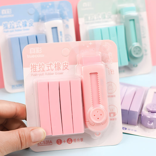 5pcs Sliding Retractable Rubber Erasers, 1pc Soft Cute Eraser 4 Refills, Refillable Push Pull Large Pencil Eraser, 4 Colors Pink Purple Green Erasers for School, Office