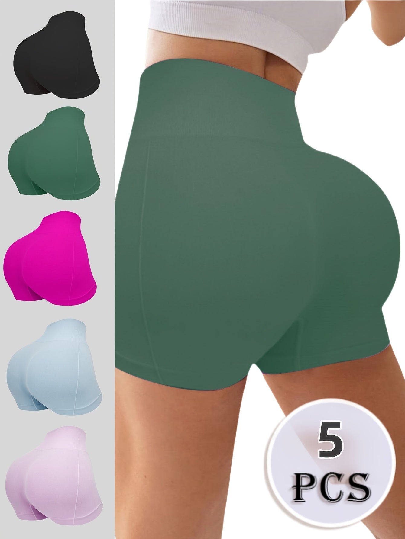 5pcs High-Waisted, High-Rise Athletic Shorts for Women - Black, Green, Pink, Light Blue, and Purple - Stretchy, Comfortable Yoga, Exercise, and Running Shorts, Exercise Shorts|Stretchy Fabric|Medium Support Sh