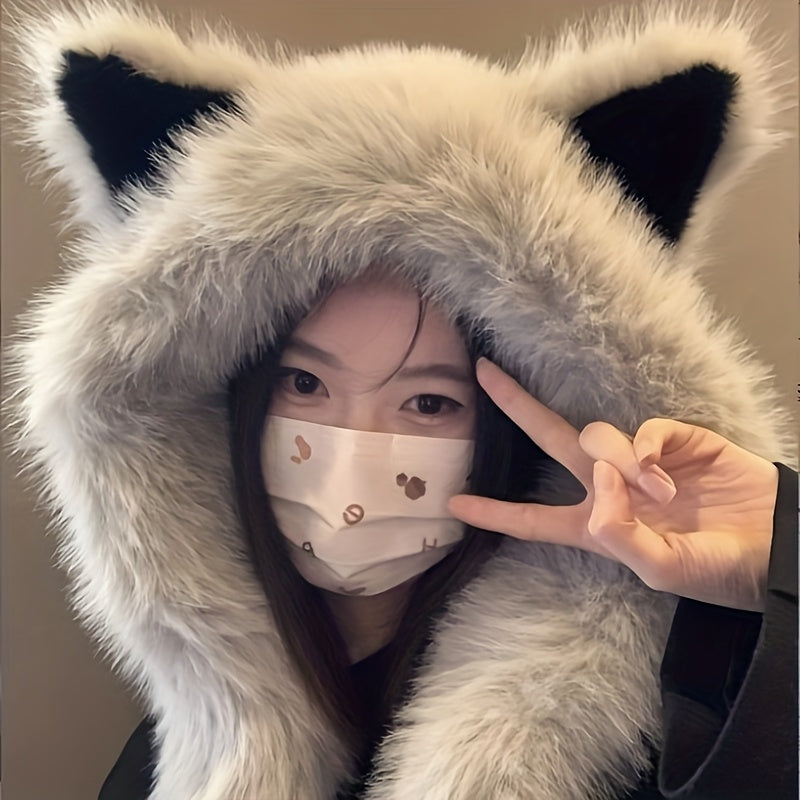 A Soft Polyester Faux Fur Cat Ear Hat with an Integrated Scarf