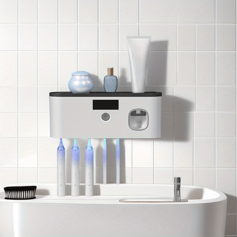 Sleek Modern UV Sanitizing Toothbrush Holder, Wall-Mounted Bathroom Organizer, No-Drill Installation, USB Rechargeable Lithium Battery, Plastic Material, with Built-in Light for Effective Cleanin