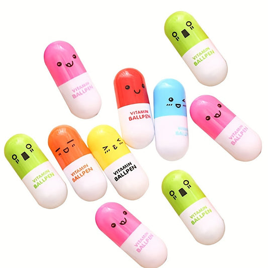 10pcs Cute Smiling Face Pill Capsule Ballpoint Pens - Vitamin-Shaped Retractable Pens with Fun Expressions, Assorted Colors for School, Office & Gifts (Blue), Office Supplies | Novelty Stationery | Retractable Gel Pens