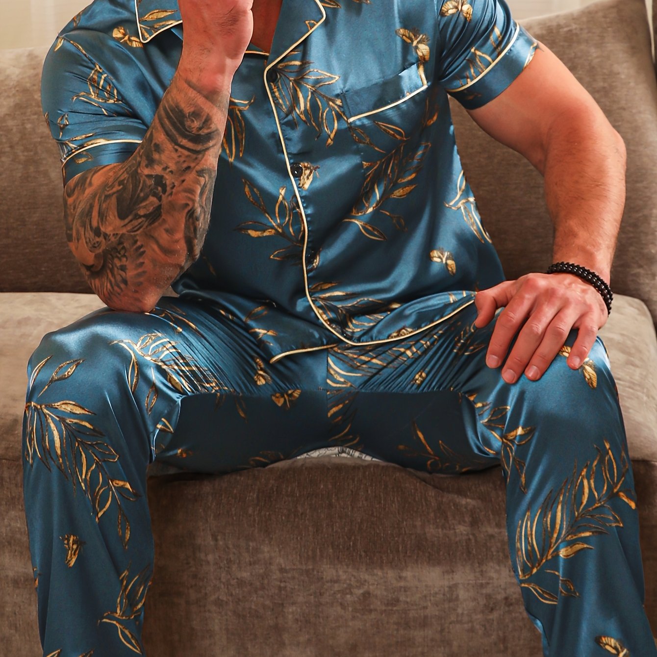 Casual Pajama Set 2pcs Men's Casual Plant Pattern Pajama Set  Short Sleeve.
