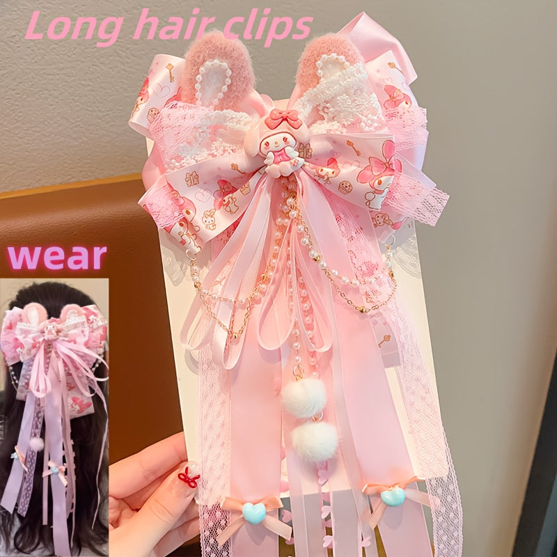 Sanrio Authorized 1pc Bowknot Hairpin 3D Butterfly Cat Ear Hair Clip Melody Hairpin Long Ribbon Princess Headwear Accessory - Suitable for Birthday Gifts, Party Gifts Daily Travel