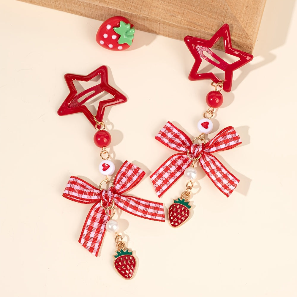 2pcs Kawaii Star Shaped Snap Hair Clips | Polyester Material, Long Tails, Tartan Bow, Cute Strawberry Decor, Fruit Themed Hair Bow Accessories for Teens, Casual Daily Wear, Novelty Hair Accessories, Playfu
