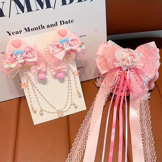 Sanrio Authorized 1pc Bowknot Hairpin 3D Butterfly Cat Ear Hair Clip Melody Hairpin Long Ribbon Princess Headwear Accessory - Suitable for Birthday Gifts, Party Gifts Daily Travel